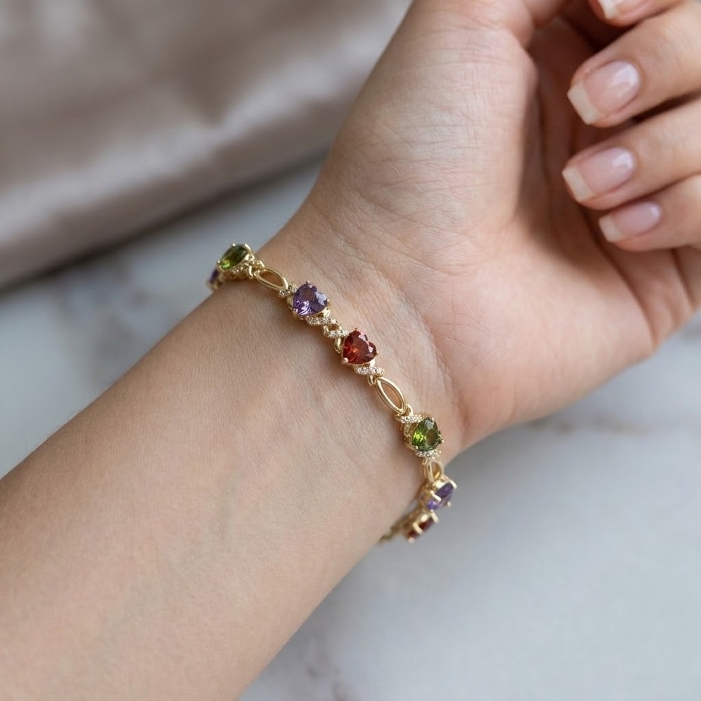 14K Gold Plated XP Multi Color Heart Stone Hugs Kisses Link Bracelet 7.5 Inch